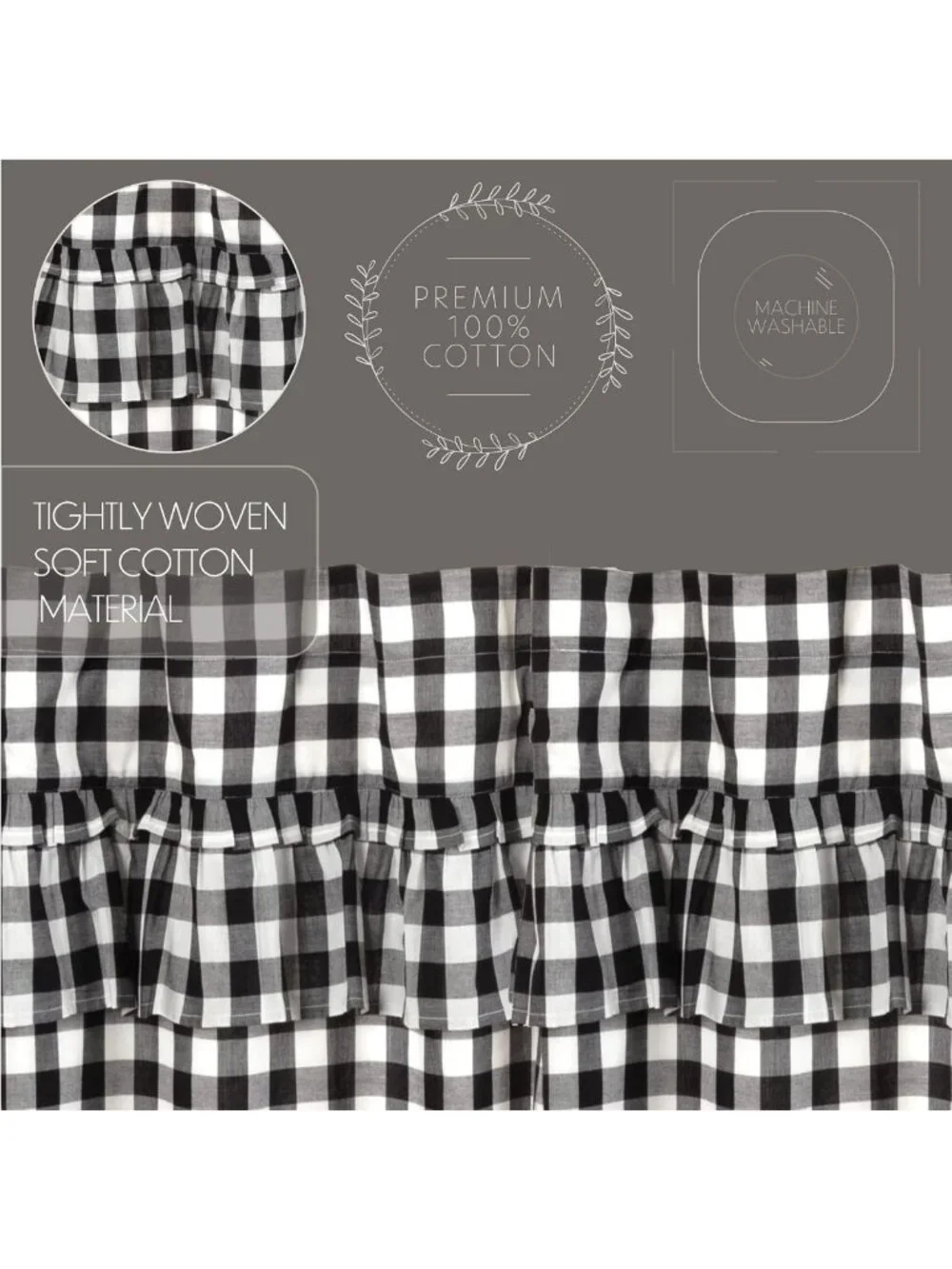 Buffalo Check Cotton Farmhouse Curtains with Rod Pocket & Drawstring Ties